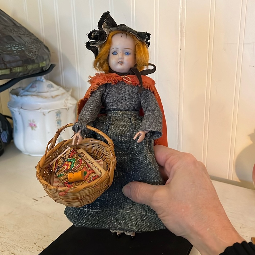 Antique bisque doll with carved wood body open mouth glass eyes marked red hair